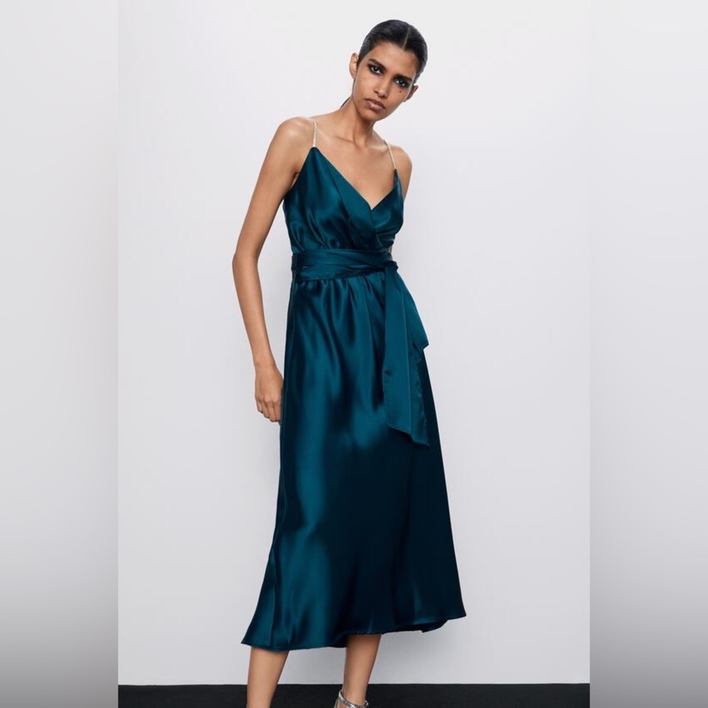 Zara Satin Green shimmery Rhinestone Straps Dress